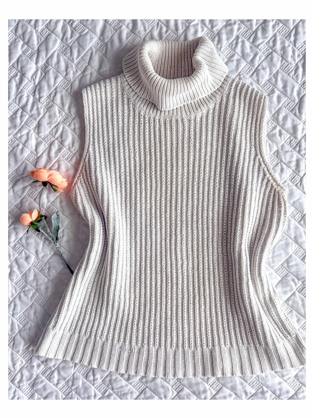 Vintage Ramie Cotton Sleeveless Turtleneck Sweater Vest M Fisherman